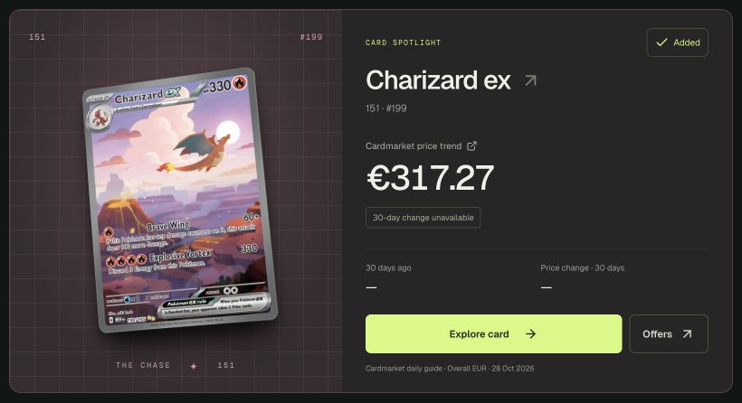 PokeChart collection screen showing the Pokémon 151 set and a card market reference