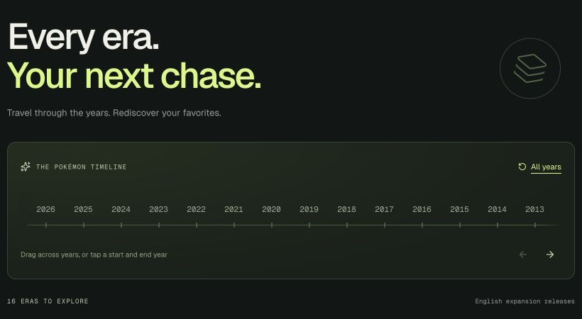 PokeChart discovery screen with an expansion timeline and European set catalog